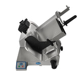 A heavy duty slicer with a stainless steel body, black handle, rotary thickness control knob, safety guard, and 13” steel knife. Features green and red buttons on the base. Shown on a white background for a premium look.