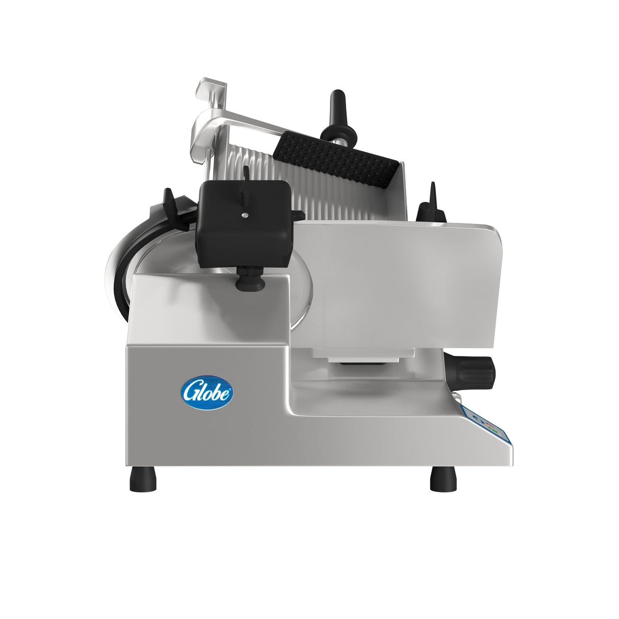 A premium manual slicer with a silver body, black knobs, a 13” steel knife partially covered by a safety guard, and the Globe logo on the side. The heavy duty slicer is set against a plain white background and viewed from the side.