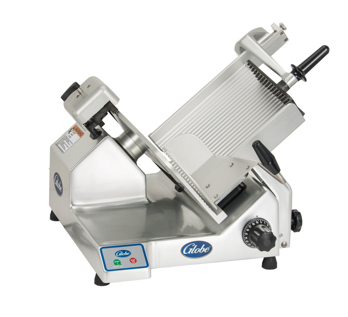 A commercial-grade Heavy Duty Slicer with a slanted stainless steel body, 13” steel knife partially covered by a blade guard, thickness adjustment dial, food carriage with handle, and control buttons, branded “Globe” on the base.