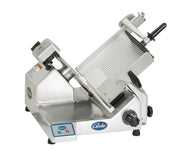 A commercial-grade Heavy Duty Slicer with a slanted stainless steel body, 13” steel knife partially covered by a blade guard, thickness adjustment dial, food carriage with handle, and control buttons, branded “Globe” on the base.