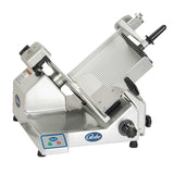 A premium manual slicer, this stainless steel meat slicer features a 13” steel knife, tilted ridged platform, black handle, thickness adjustment knob, Globe logo on the base, circular blade, and safety buttons on the front left corner.