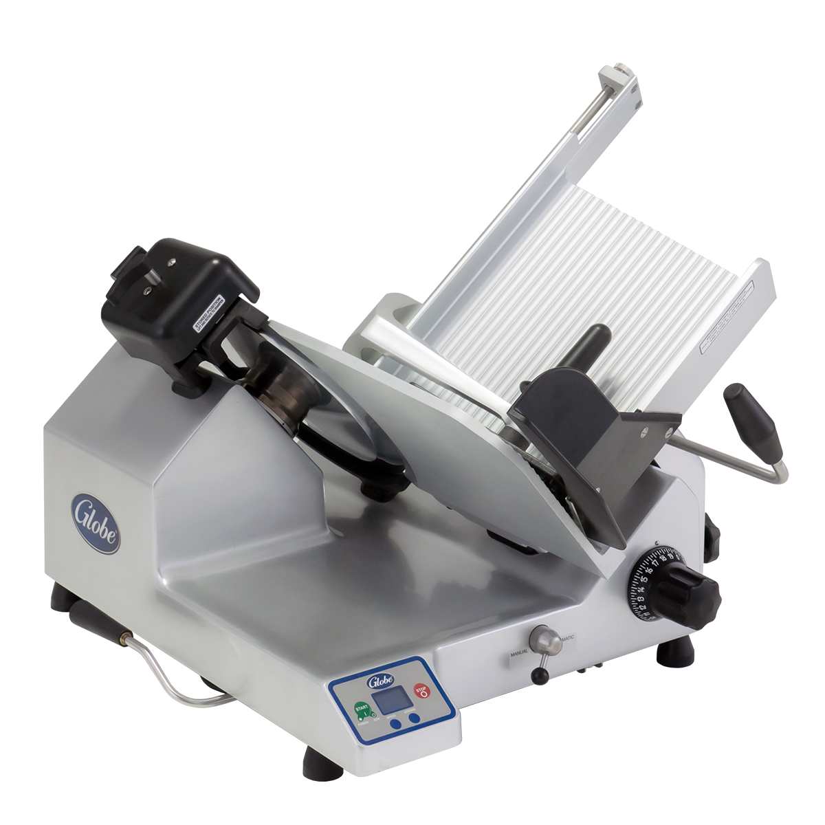 A silver heavy duty slicer with a tilted platform, adjustable thickness dial, black handle, and safety guard on the blade. The machine features control buttons, a 13" steel knife, and the brand name “Globe” on the front. It appears clean and ready for use.