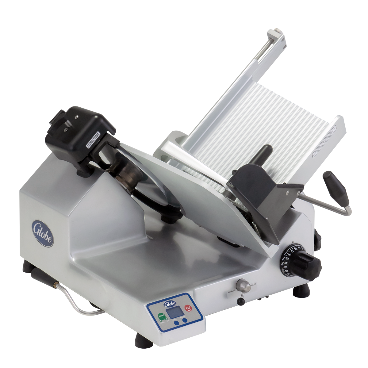 A premium heavy duty slicer, this commercial deli meat slicer features a 13 inch steel knife, silver metallic body, slanted food carriage, large circular blade, adjustment knobs, black handles, and a digital display panel with the Globe logo.