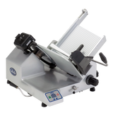 A premium heavy duty slicer, this commercial deli meat slicer features a 13 inch steel knife, silver metallic body, slanted food carriage, large circular blade, adjustment knobs, black handles, and a digital display panel with the Globe logo.