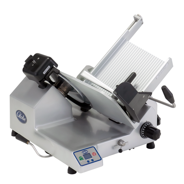 A premium heavy duty slicer, this commercial deli meat slicer features a 13 inch steel knife, silver metallic body, slanted food carriage, large circular blade, adjustment knobs, black handles, and a digital display panel with the Globe logo.