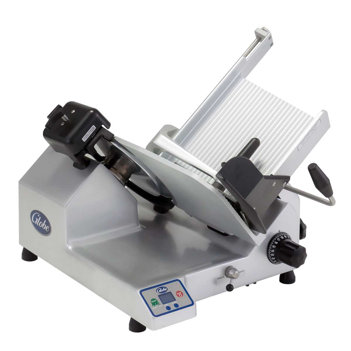 A heavy duty slicer with a tilted 13" steel knife, adjustable black thickness dial, food carriage, safety guards, and electronic controls on a gray base with the Globe logo. Designed for precise slicing of meat or cheese.