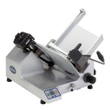 A heavy duty slicer with a tilted 13" steel knife, adjustable black thickness dial, food carriage, safety guards, and electronic controls on a gray base with the Globe logo. Designed for precise slicing of meat or cheese.