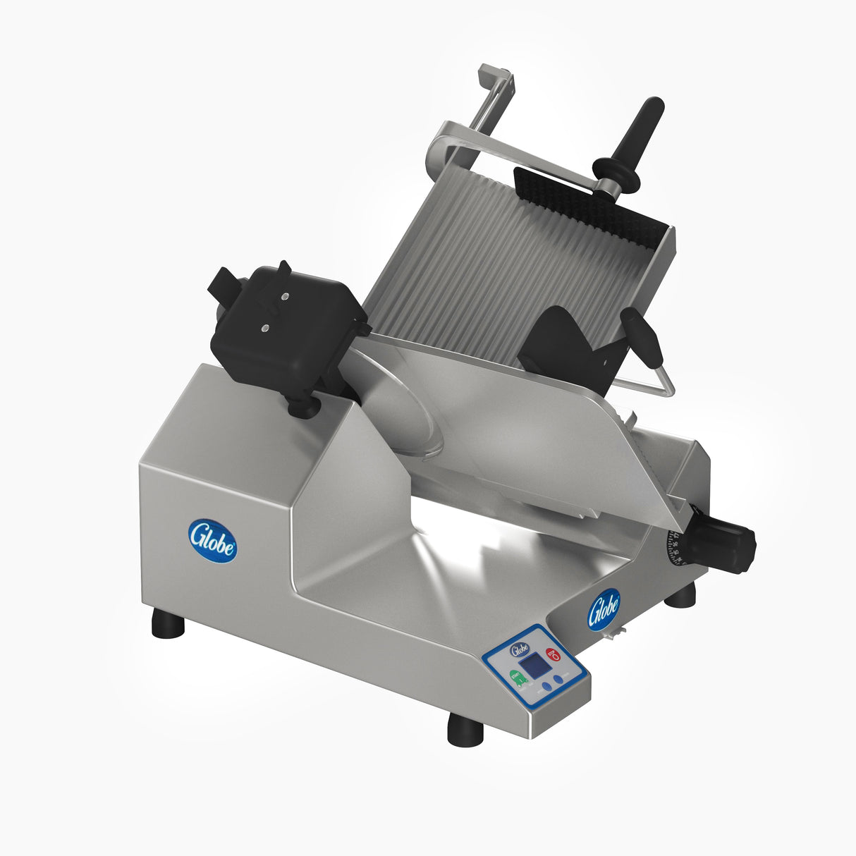 A heavy duty slicer with a tilted, ridged metal slicing surface, adjustable thickness knob, black handle, safety guard, and digital control panel features a powerful 13" steel knife. The silver machine displays blue “Globe” logos against a plain white background.