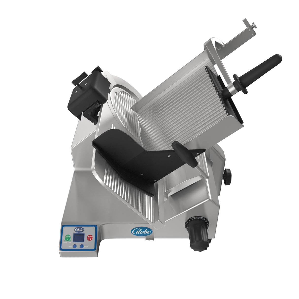 A commercial-grade heavy duty slicer with a stainless steel body, 13" steel knife, thickness adjustment knob, black handle, and digital control panel. Labeled “Globe,” this advanced slicer is ideal for deli or kitchen use and shown on a white background.