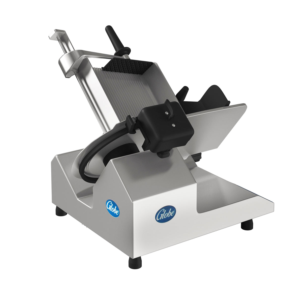 A heavy duty slicer with a stainless steel body, black handle, circular blade guard, and adjustable food tray. Featuring a 13" steel knife, this Globe machine stands on four black feet against a white background.