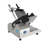 A heavy duty slicer with a stainless steel body, black handle, circular blade guard, and adjustable food tray. Featuring a 13" steel knife, this Globe machine stands on four black feet against a white background.