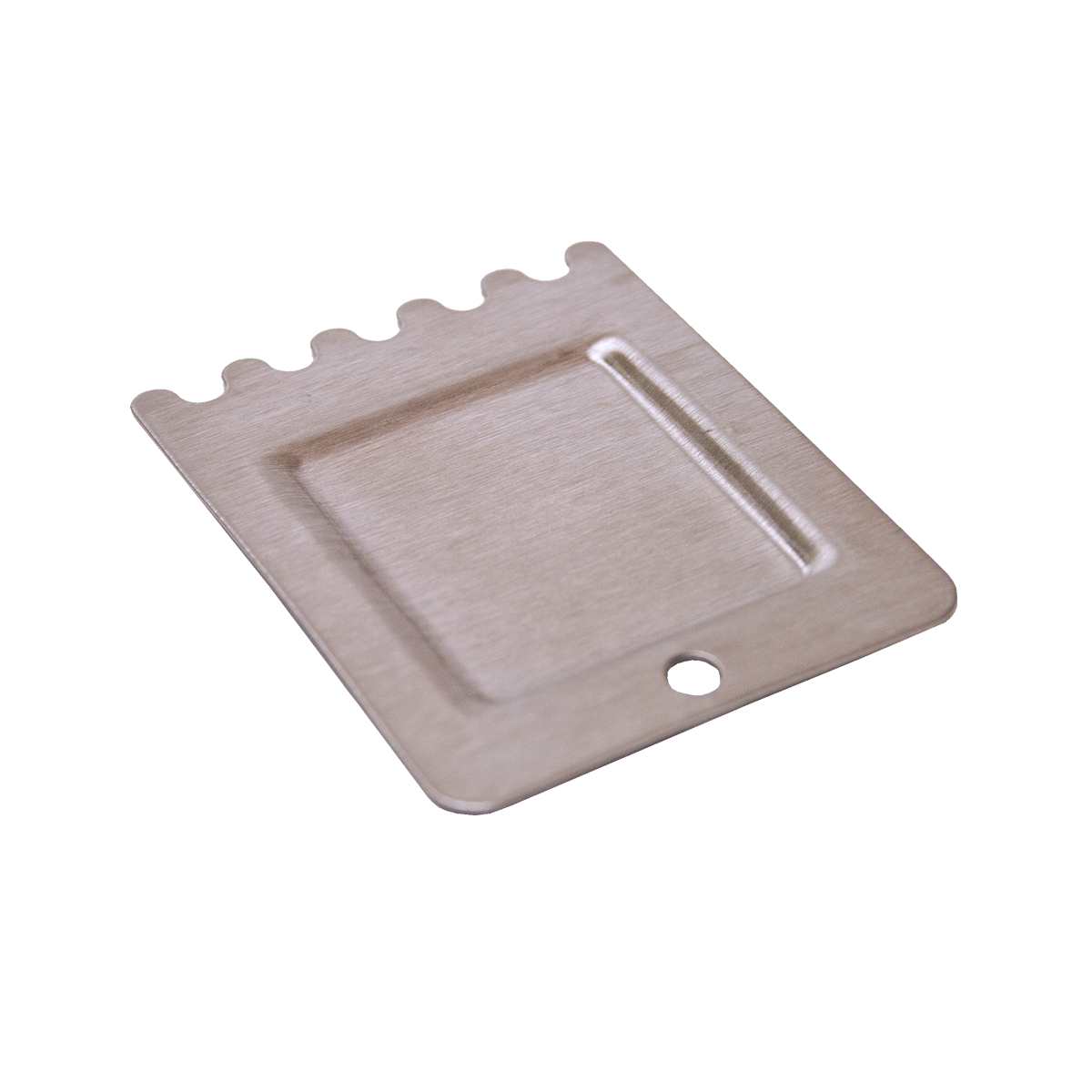 A flat, rectangular metallic card with a brushed finish, this Panini Scraper from the Globe Bistro Series features a row of five rounded notches along one edge and a small circular hole near the opposite edge, plus a grooved metal scraper area in the center.