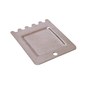 A flat, rectangular metallic card with a brushed finish, this Panini Scraper from the Globe Bistro Series features a row of five rounded notches along one edge and a small circular hole near the opposite edge, plus a grooved metal scraper area in the center.
