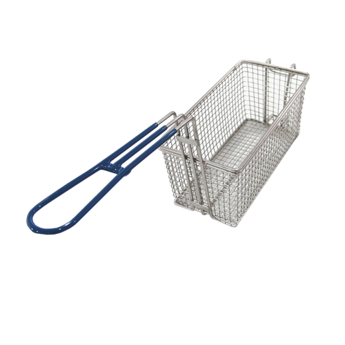 A rectangular metal fryer basket with a blue plastic-coated handle is shown on a plain white background. The Globe SMBASKET10 features fine wire mesh and reinforced edges, designed for use with an electric fryer.