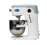 A white and gray 5 qt mixer with a stainless steel mixing bowl attached. This countertop mixer features a lever on the right, a blue and white Globe logo on the front, and a simple, industrial design set against a plain white background.