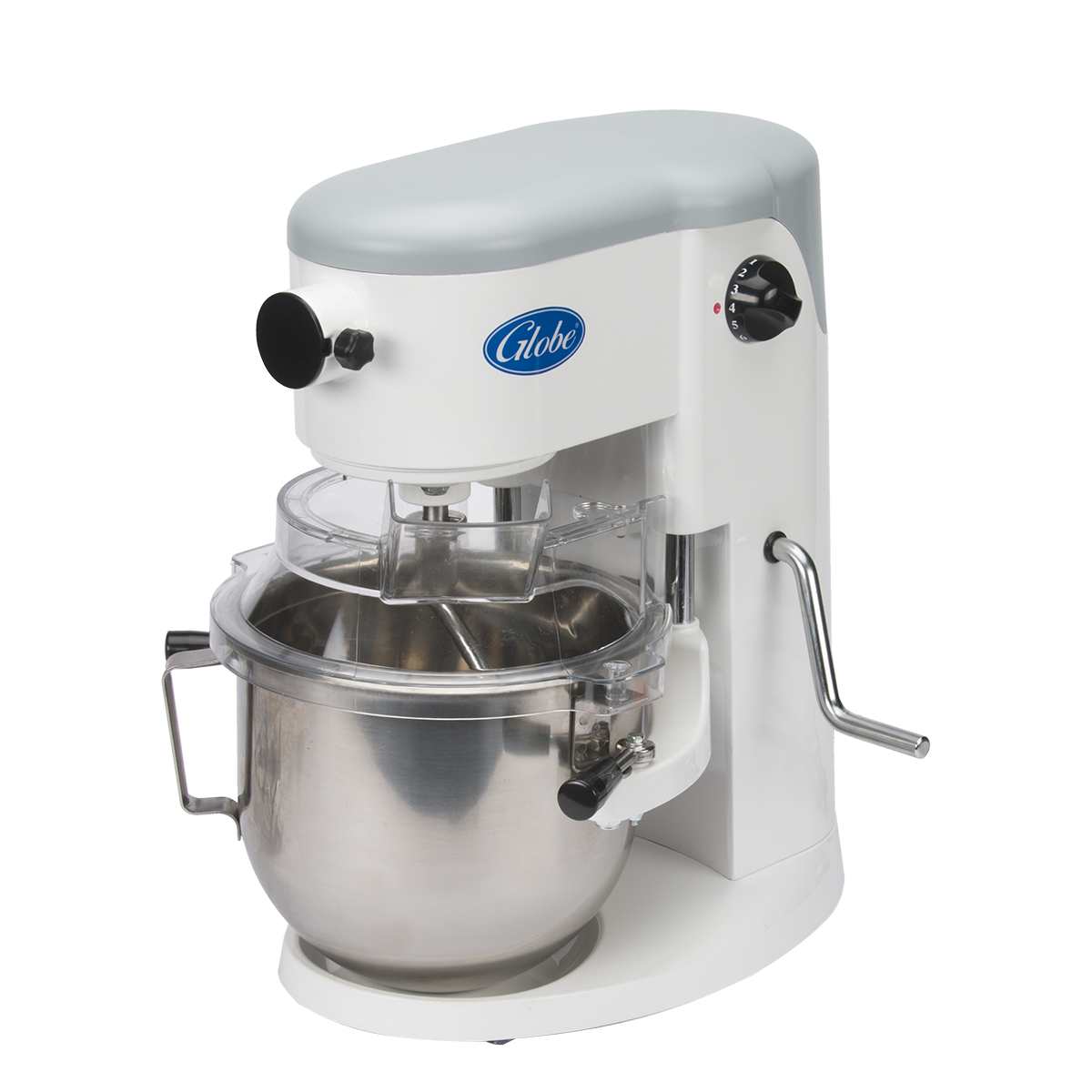 A 5 qt mixer with a stainless steel mixing bowl, clear plastic bowl guard, and silver top. The Globe countertop mixer features a control knob, hand crank for bowl adjustment, and white and grey finish. Perfect for commercial kitchens.