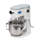 A 5 qt mixer with a stainless steel mixing bowl, clear plastic bowl guard, and silver top. The Globe countertop mixer features a control knob, hand crank for bowl adjustment, and white and grey finish. Perfect for commercial kitchens.