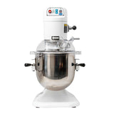 A commercial 8 qt mixer with a white base and motor housing, control buttons on top, a transparent safety guard, large stainless steel mixing bowl, and black handles on both sides—perfect as a countertop mixer for busy kitchens.
