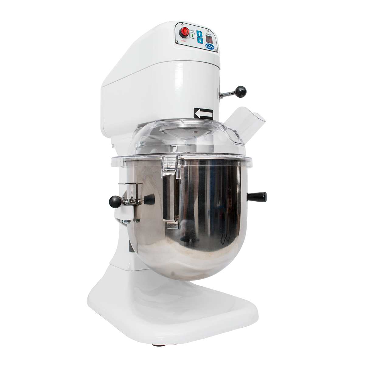 A large, white 8 qt mixer with a shiny stainless steel mixing bowl and a transparent plastic bowl guard. The planetary mixer features a control panel with buttons and a knob, black handles on the sides, and sits on a sturdy base.