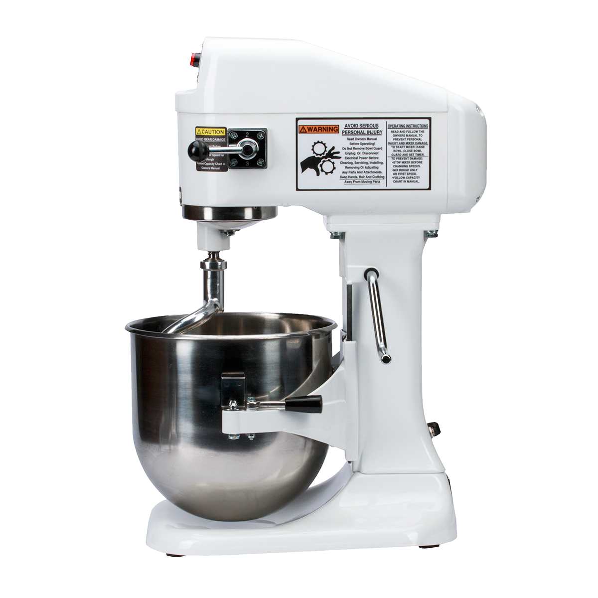 A commercial 8 qt mixer with a large stainless steel mixing bowl and flat beater attachment. Warning and instruction labels are visible on the upper body. This sturdy countertop mixer features an industrial, planetary design.