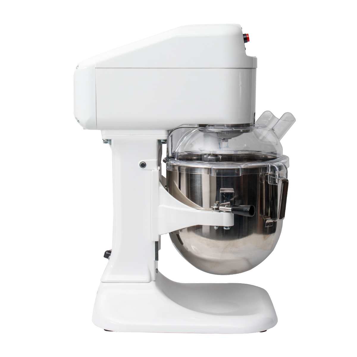 A side view of a white, electric 8 qt mixer with a clear plastic splash guard and a large stainless steel mixing bowl attached to the base. This modern countertop mixer is sturdy and designed for heavy-duty kitchen mixing tasks.