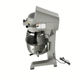 A large, industrial gray planetary mixer with a metal bowl and protective wire guard. The 10 qt mixer features a control panel on the side, a long power cord on the floor, and stands on a heavy-duty base against a white background.