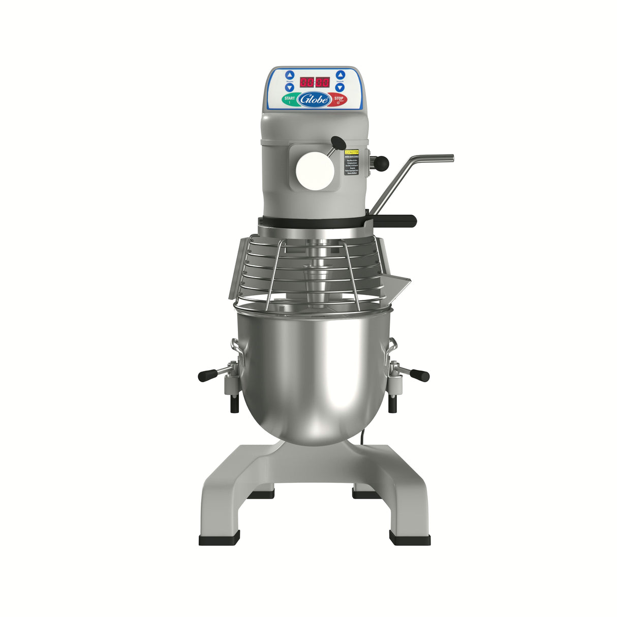 A commercial bench mixer with a metallic bowl, safety guard, and top control panel featuring buttons and a digital screen. This 10 qt mixer has a sturdy base with four legs, side handles, and is set against a plain white background.