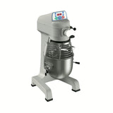 A commercial planetary mixer with a digital control panel, stainless steel mixing bowl, wire safety guard, and sturdy metal base. This 10 qt mixer features adjustment handles and a modern design, ideal for industrial or bakery use, all set against a white background.