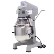 A large commercial planetary mixer with a stainless steel mixing bowl, protective wire guard, control panel, lever on the side, and a black power cord—all in a gray metal body—designed for heavy-duty food preparation as a dependable 20 qt mixer.