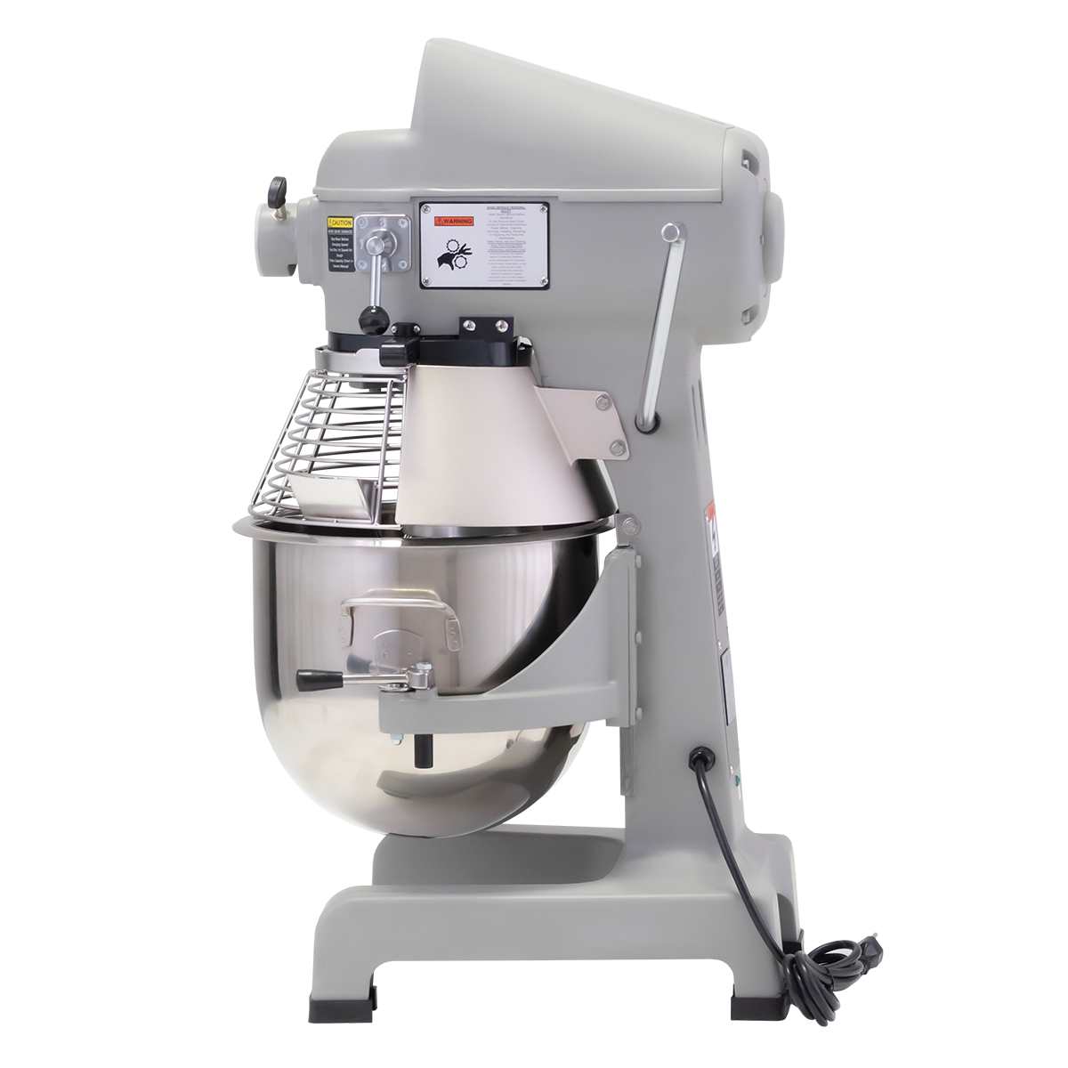 A large, commercial-grade 20 qt mixer with a metallic gray body and stainless steel mixing bowl. This planetary mixer features a protective wire guard, side control panel with switches, and a black power cord extending from the base.