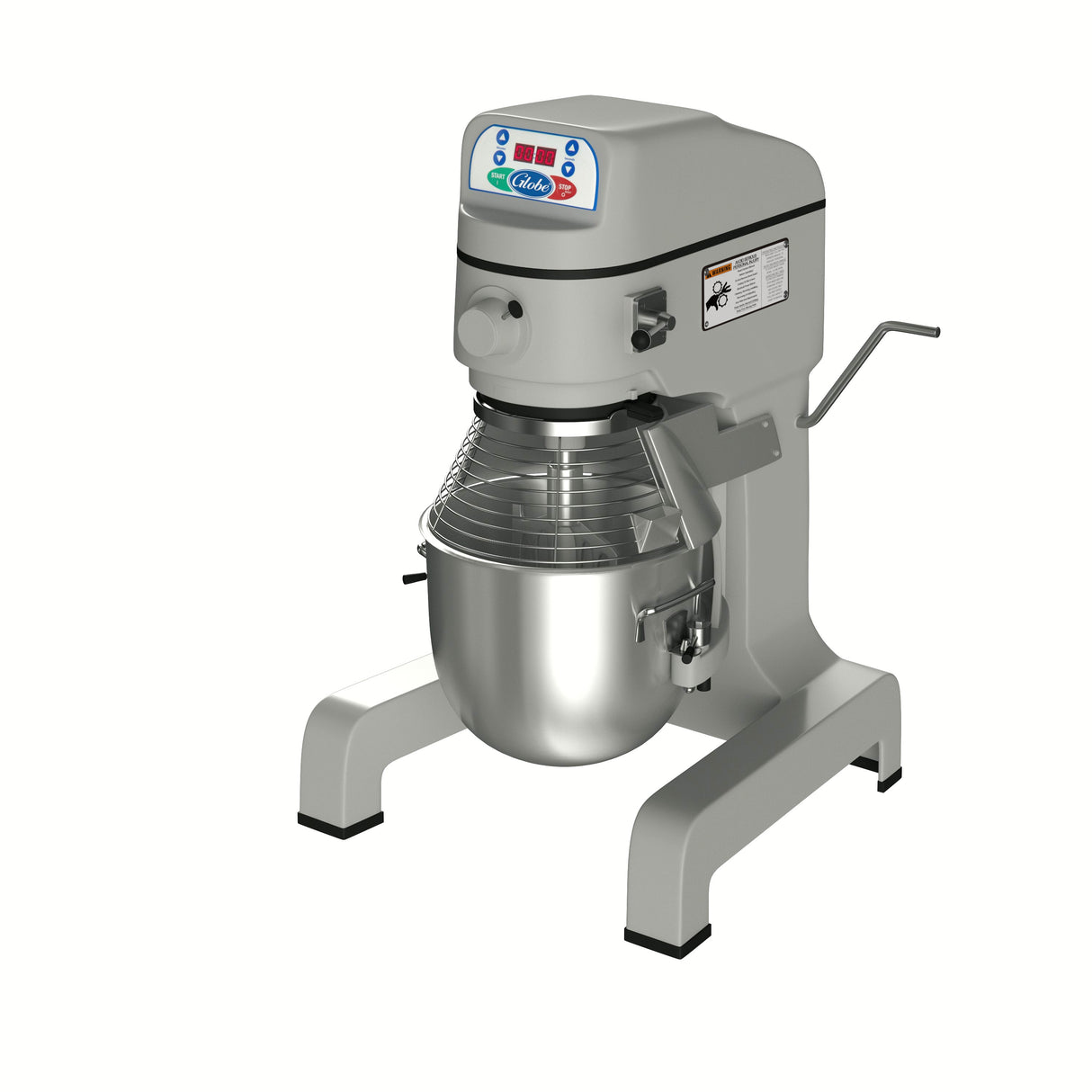 A commercial bench model planetary mixer with a digital control panel, safety cage, and large 25 qt stainless steel mixing bowl. It features a sturdy light gray body, black feet, and a side lever for bowl adjustment. The background is plain white.