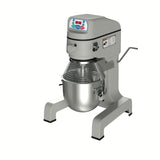 A commercial bench model planetary mixer with a digital control panel, safety cage, and large 25 qt stainless steel mixing bowl. It features a sturdy light gray body, black feet, and a side lever for bowl adjustment. The background is plain white.