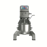 A sturdy 25 qt mixer with a large stainless steel mixing bowl, wire guard, and top control panel featuring buttons and a digital display. This planetary mixer has a metal base and side lever for easy bowl adjustment, set against a white background.