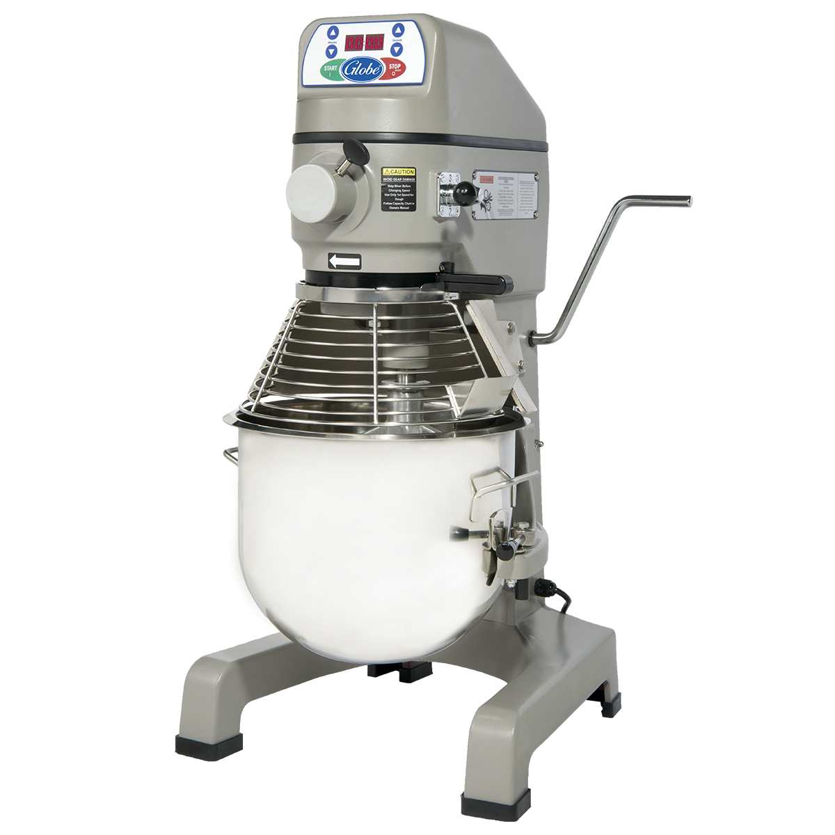 A large, industrial 25 qt mixer with a metal body, digital control panel, safety guard around a stainless steel mixing bowl, adjustment lever, and sturdy feet. This planetary mixer is designed for heavy-duty commercial food preparation.