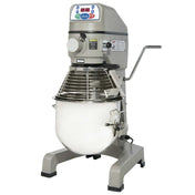 A large, industrial 25 qt mixer with a metal body, digital control panel, safety guard around a stainless steel mixing bowl, adjustment lever, and sturdy feet. This planetary mixer is designed for heavy-duty commercial food preparation.