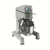 A commercial 25 qt mixer with a stainless steel mixing bowl and whisk attachment, digital control panel, and sturdy metal frame. This planetary mixer has a simple, industrial grey design, perfect for heavy-duty kitchen use on any bench model setup.