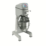 A large, industrial planetary pizza mixer with a 30 qt capacity features a metallic bowl, protective wire guard, and control panel with buttons and display. This silver and white floor model is built for heavy-duty food prep in commercial kitchens.