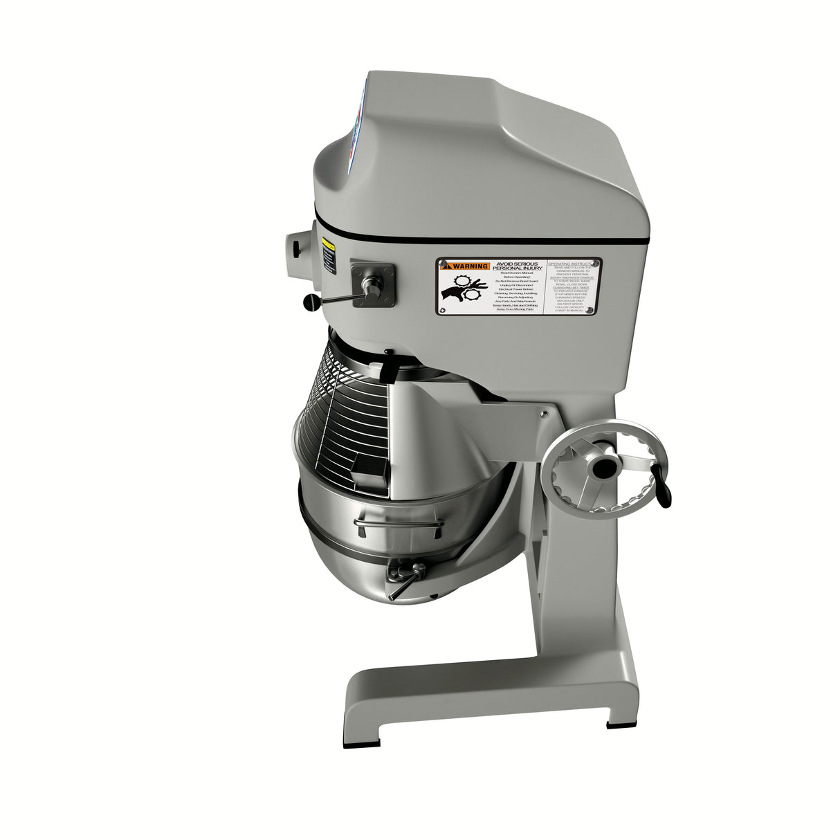 A commercial floor mixer with a metal bowl and safety guard, featuring a control panel with warning labels and a large round adjustment wheel on the side. This 42 qt mixer is solid gray, sturdy, and set against a white background.