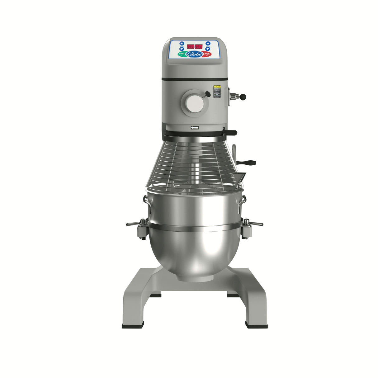 A large 42 qt planetary mixer with a digital control panel, metal bowl, protective wire guard, and sturdy legs. This commercial floor mixer is silver and gray, pictured from the front against a white background.