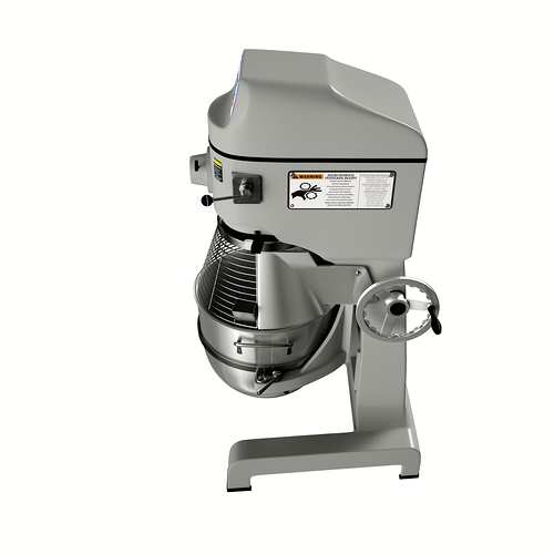 A commercial mixer with a large metal mixing bowl, protective wire guard, and side-mounted hand crank. This 60 qt mixer features a gray body, visible warning labels, and is designed for heavy-duty food preparation in professional kitchens.