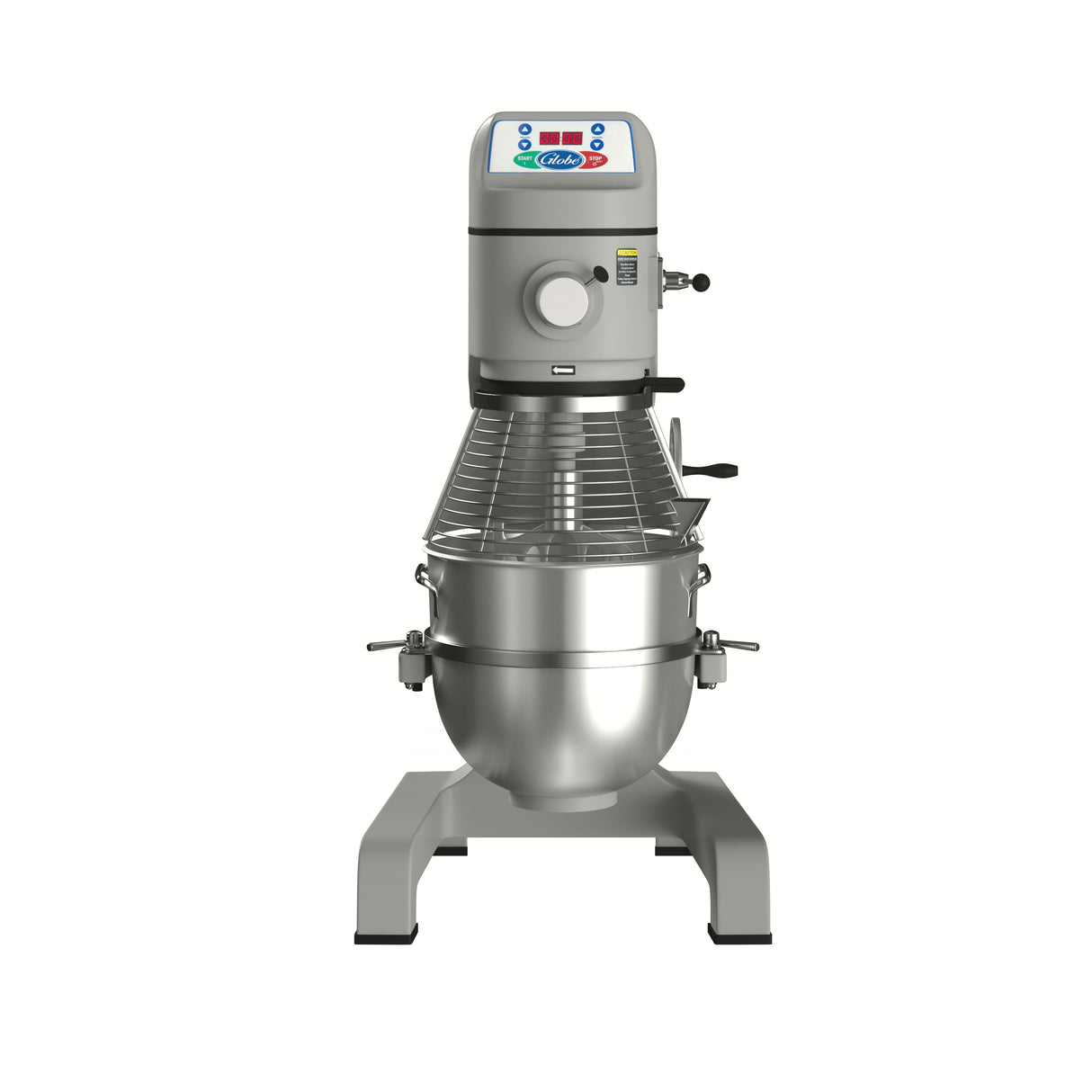 A commercial floor mixer with a large stainless steel bowl, wire safety guard, and digital control panel on top. This sturdy gray 60 qt mixer features a planetary mixing action, perfect for heavy-duty tasks, shown against a plain white background.