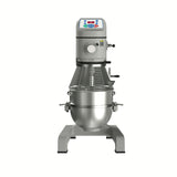 A commercial floor mixer with a large stainless steel bowl, wire safety guard, and digital control panel on top. This sturdy gray 60 qt mixer features a planetary mixing action, perfect for heavy-duty tasks, shown against a plain white background.