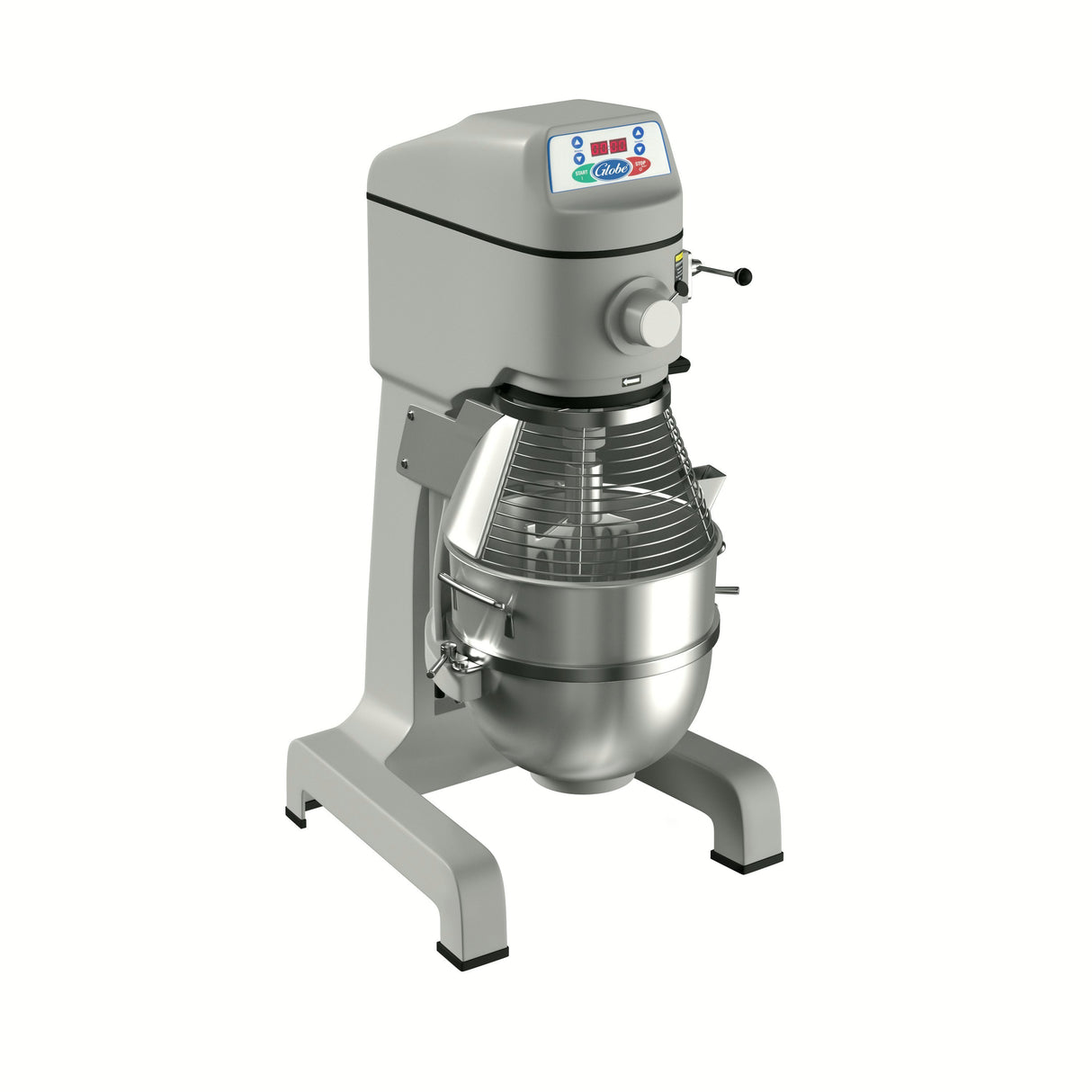 A commercial floor mixer with a large stainless steel mixing bowl, protective wire guard, digital control panel, and sturdy gray metal frame. This heavy-duty 60 qt mixer is ideal for kitchens or bakeries. The background is plain white.