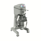 A commercial floor mixer with a large stainless steel mixing bowl, protective wire guard, digital control panel, and sturdy gray metal frame. This heavy-duty 60 qt mixer is ideal for kitchens or bakeries. The background is plain white.