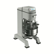 A large commercial dough mixer with a stainless steel mixing bowl and wire guard, featuring a digital control panel on top. This 60 qt mixer stands on four sturdy legs and is photographed against a plain white background.