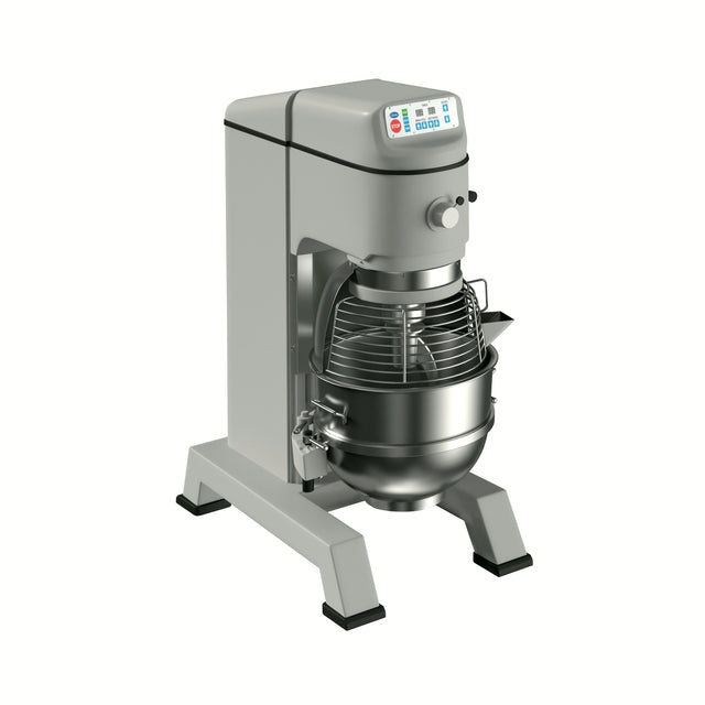 A large commercial dough mixer with a stainless steel mixing bowl and wire guard, featuring a digital control panel on top. This 60 qt mixer stands on four sturdy legs and is photographed against a plain white background.