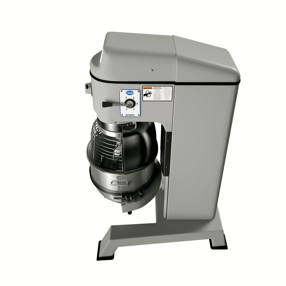 The Globe SP80PL-3 is a large, industrial gray planetary mixer with an 80 qt metal mixing bowl and safety guard. The control panel features a dial and warning labels. The machine stands on four sturdy legs against a white background.