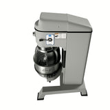 The Globe SP80PL-3 is a large, industrial gray planetary mixer with an 80 qt metal mixing bowl and safety guard. The control panel features a dial and warning labels. The machine stands on four sturdy legs against a white background.