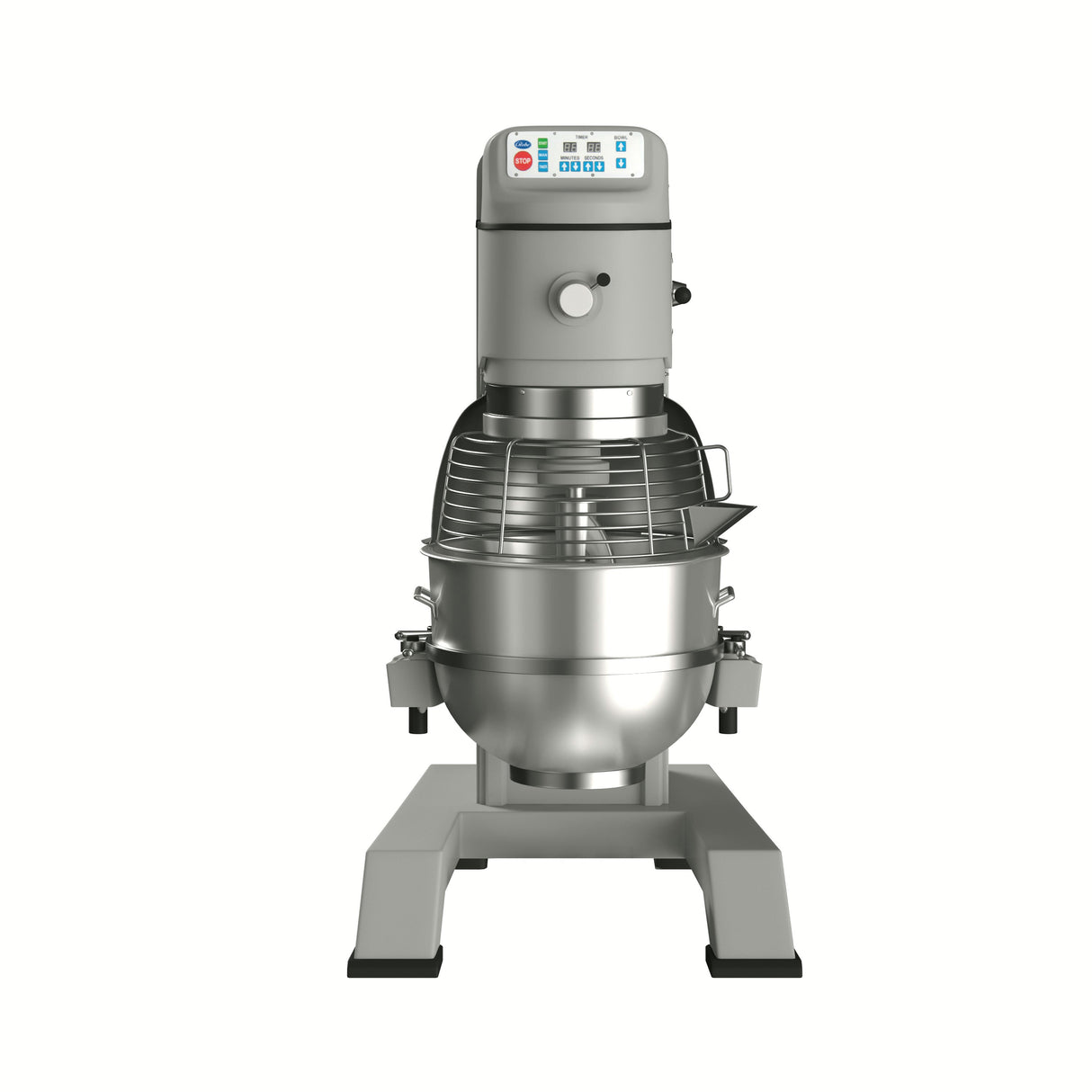 The Globe SP80PL-3 80 qt Planetary Mixer features a large stainless steel mixing bowl, protective wire guard, and digital control panel. It stands on a sturdy metal base with wide, stable legs, all set against a plain white background.