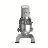 The Globe SP80PL-3 80 qt Planetary Mixer features a large stainless steel mixing bowl, protective wire guard, and digital control panel. It stands on a sturdy metal base with wide, stable legs, all set against a plain white background.